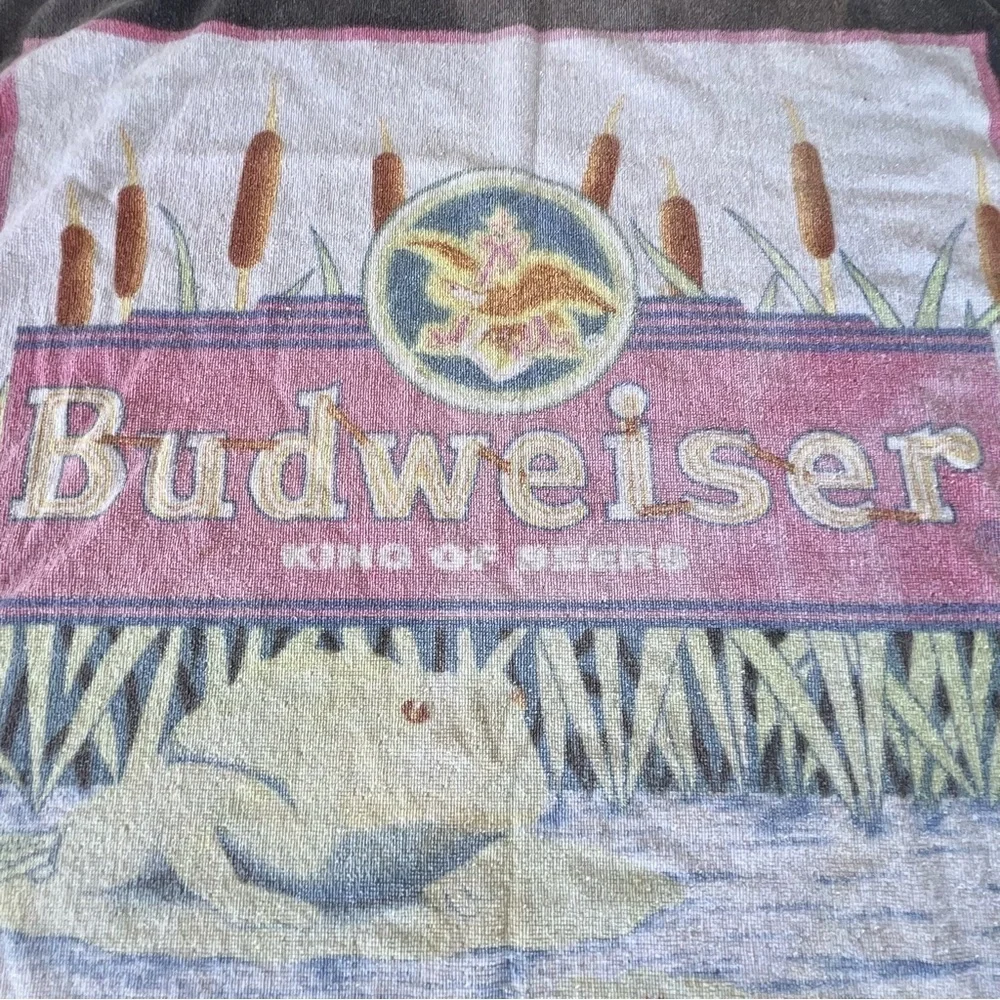 VTG 90s Budweiser Frogs Beach Towel King of Beers Lilly Pad Reeds 28x55 FADED